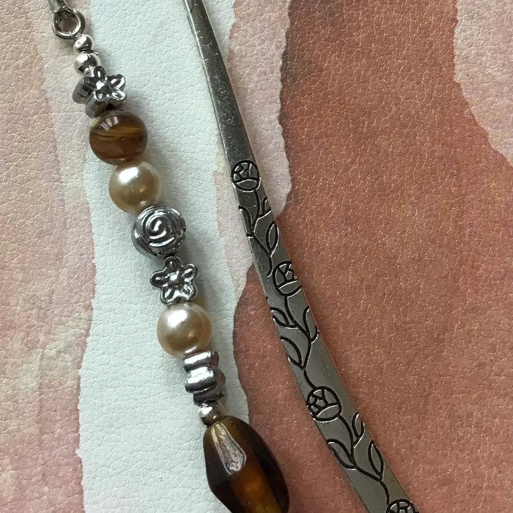 Tibetan Metal Bookmark Flower Engraved‎ Moonstone, Pearl, Amber Beads